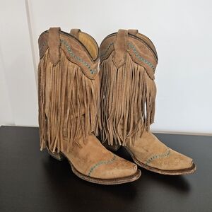 Corral TEEN Boots Sz 4 Long Fringe Snip Toe Western Leather Tan Turquoise Accent